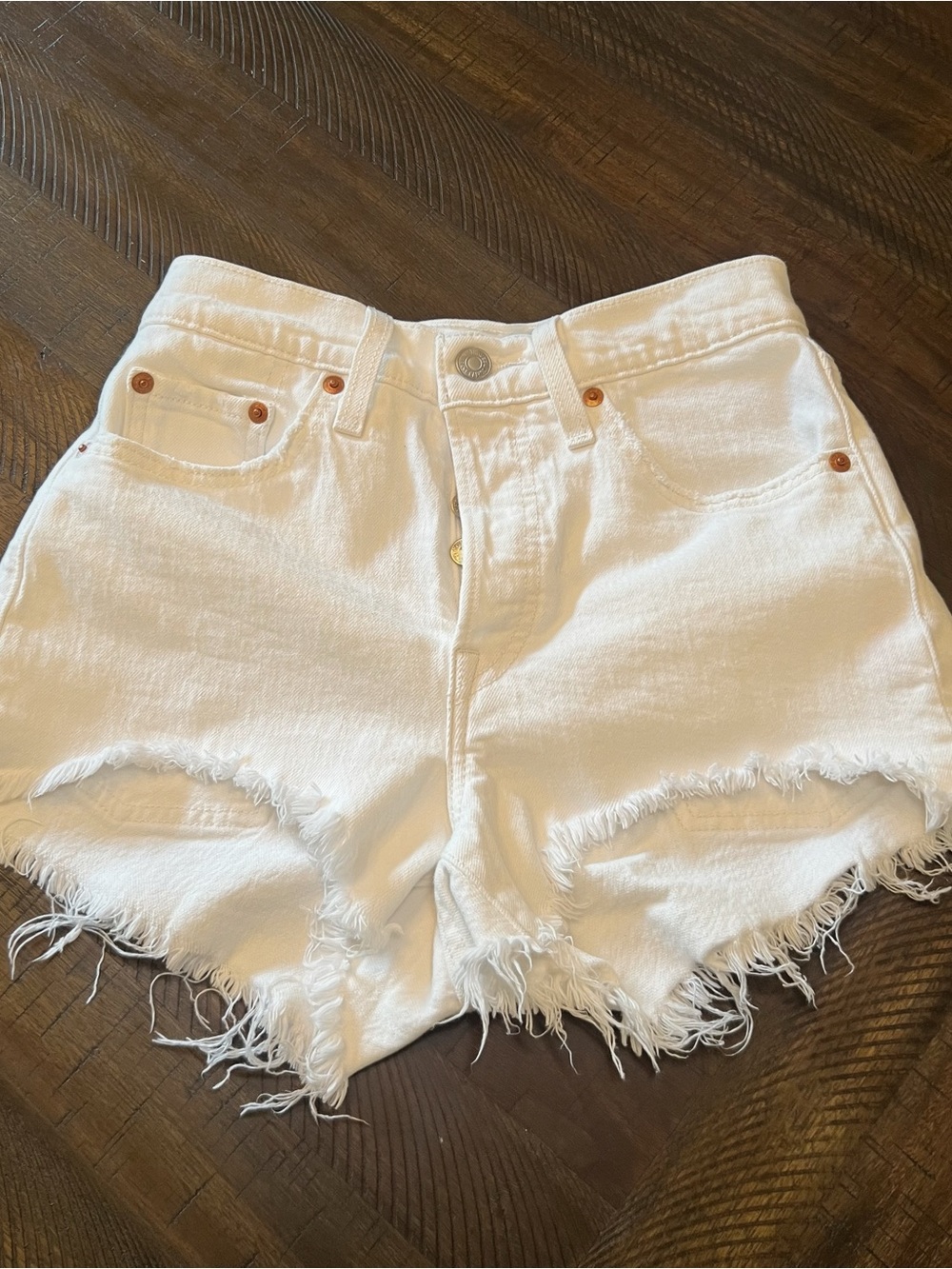 Levi's White 501 Frayed Hem Denim Cutoff Shorts W24